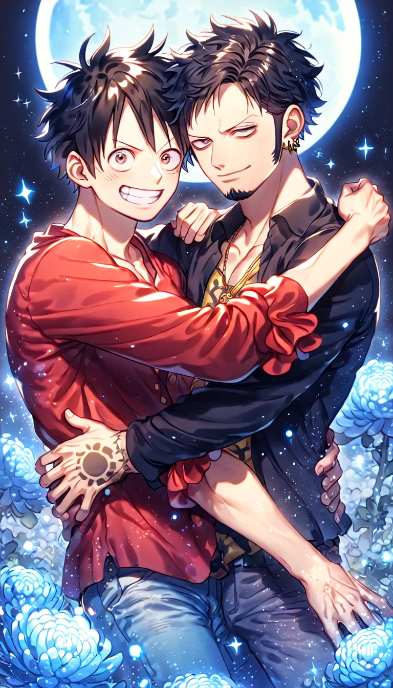 absurdres, highres, ultra detailed, HDR, master piece, best quality, extremely detailed, Trafalgar Law, black hair, expressive gray eyes, One Piece, Monkey D Luffy, black hair, expressive brown eyes, two sexy men together, yaoi, gay couple, handsome, handsome smile, red shirt, yellow sweeter, water, sparkling, blue glittering fireflies, blue moon, blue blossoms, blue chrysanthemums, blue sparkling lights, starry sky