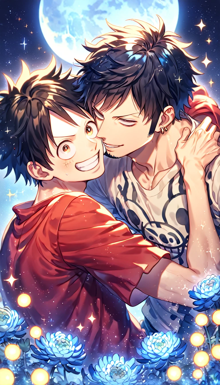 absurdres, highres, ultra detailed, HDR, master piece, best quality, extremely detailed, Trafalgar Law, black hair, expressive gray eyes, One Piece, Monkey D Luffy, black hair, expressive brown eyes, two sexy men together, yaoi, gay couple, handsome, handsome smile, red shirt, yellow sweeter, water, sparkling, blue glittering fireflies, blue moon, blue blossoms, blue chrysanthemums, blue sparkling lights, starry sky