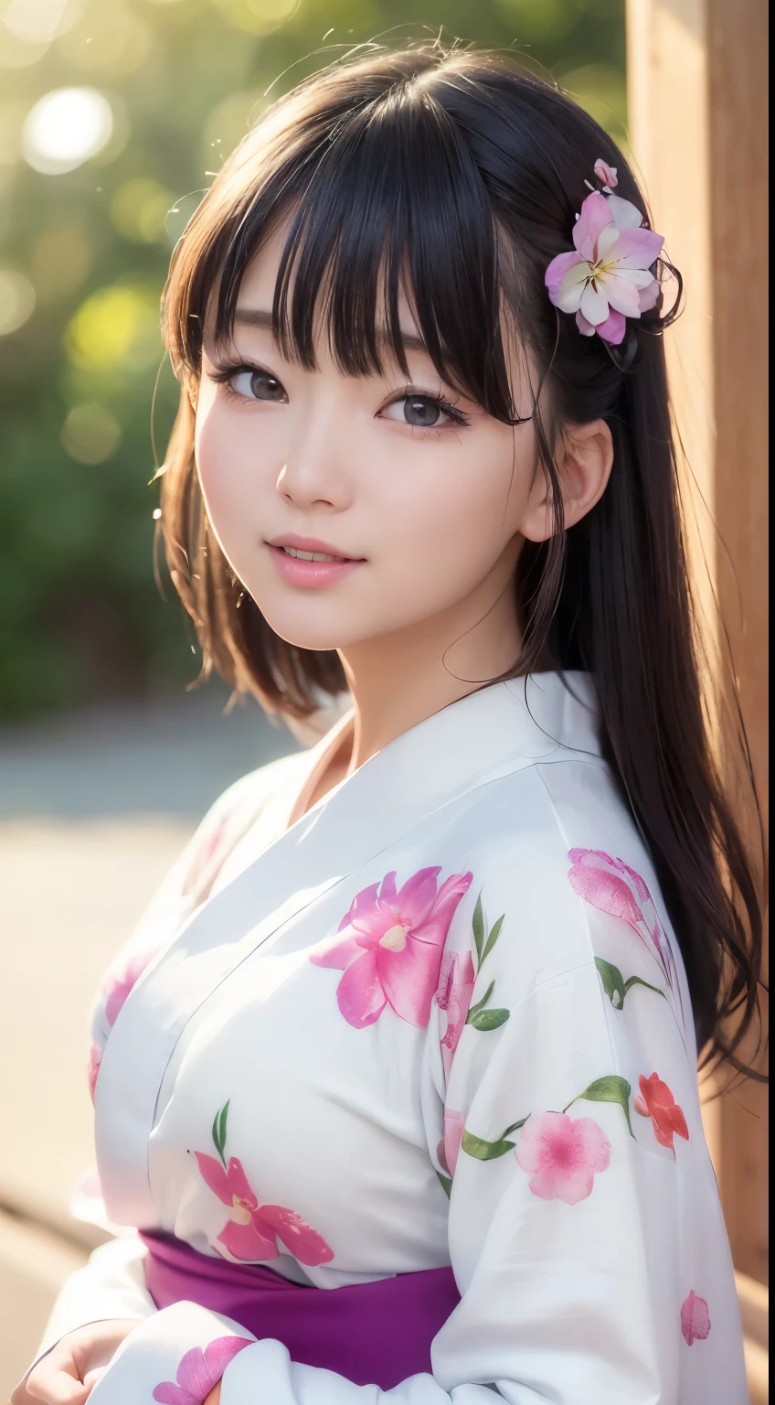 (logo、masterpiece、8k、Tabletop、RAW Photos、wonderful、最high quality、フォトリアリスティックでVery detailedな CG 複合 8k 壁紙、high quality、Very detailed、Narrative poem、Particle Effects、Dynamic Effects、Depth of the Boundary、Cinematic Light、Lens flare、Ray Tracing）、 (One beautiful woman wearing a yukata、White yukata、Light purple pattern)、Black-haired、High definition skin、Very fine、Fine skin texture、Beautiful Face、True Face、Beautiful details in the eyes、Realistic eyes、Beautifully detailed eyes、Realistic Skin、Beautiful Skin、Surreal、Smiling Eyes、Hair and light eyes、vivid、Colorful lights and bokeh、plump lower lip、Pink Lips、Hair flutters in Wind、Hair bounces、wonderful景色、night、evening、Wind、moonlight、moonlight、light