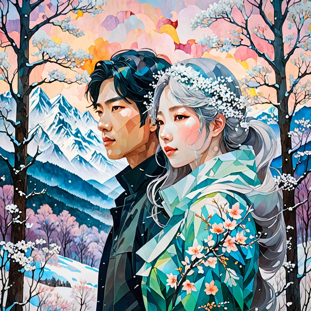 Double exposure portrait artwork inspired by manhwa. It depicts a couple in love embodying winter and spring, exploring a fantastical landscape divided between their seasonal realms. The portrait showcases their journey across contrasting terrains, superimposed over their intertwined silhouettes. The fantasy-themed piece is densely populated with rich, seasonal visuals and holds an aspect of temporal duality. The winter figure traverses snow-capped mountains and crystalline forests, while the spring counterpart wanders through blooming meadows and verdant glades. The texture of the painting and the ethereal quality of the brushwork enhance the enigmatic ambiance of their seasonal coexistence. The piece has a grainy texture and features vibrant, complementary colors
