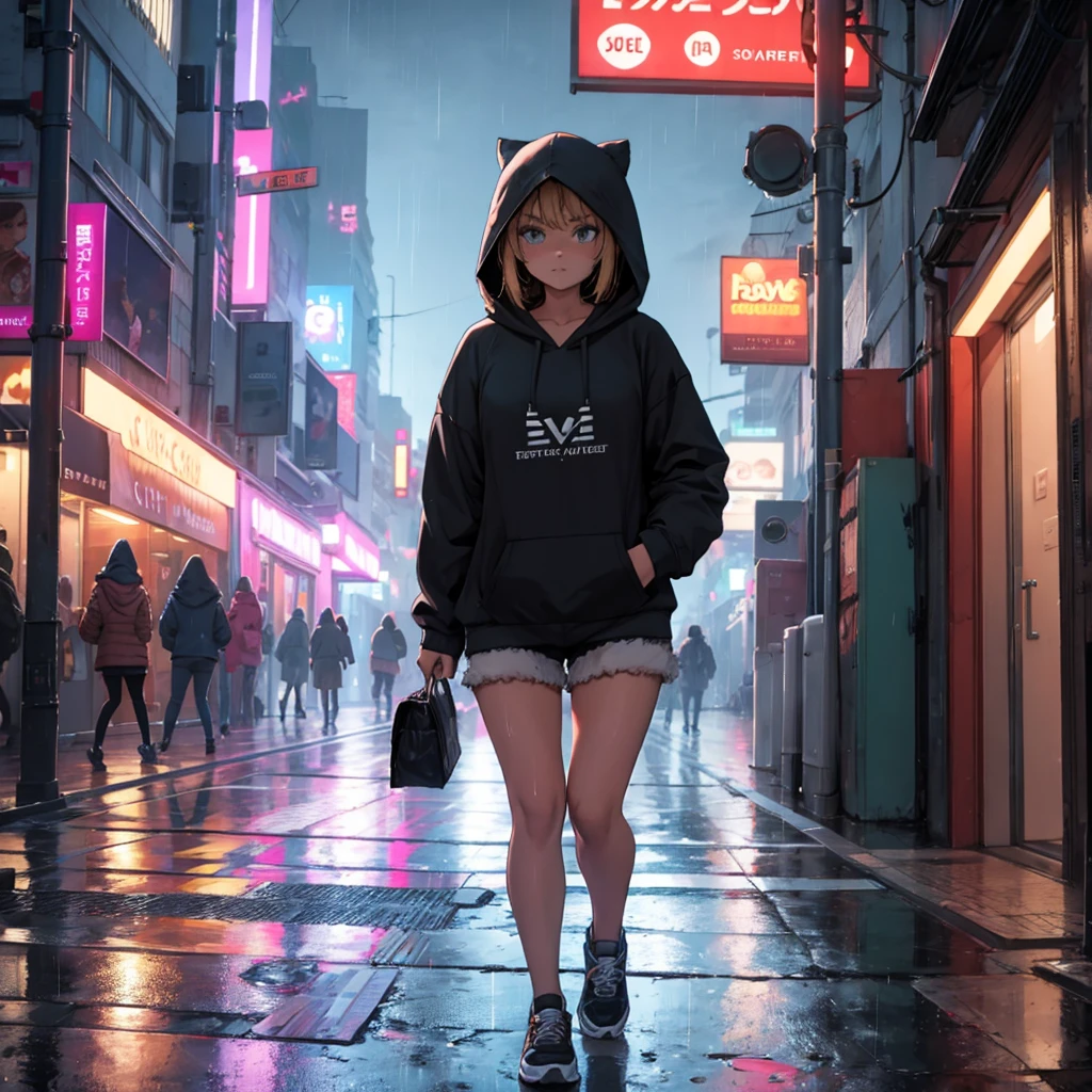 Girl in a hoodie and shorts walking through a big city at night, raining