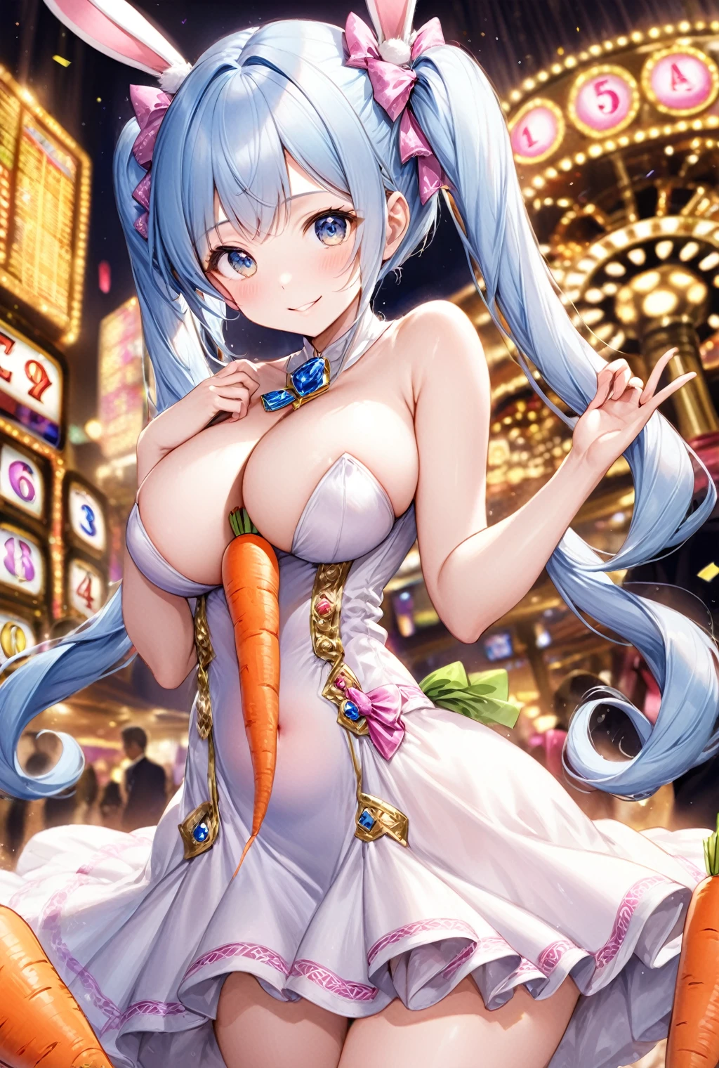 (Highest quality, 8k, 32K, masterpiece, Ultra-high resolution,:1.2),to be born, One Girl,So cute , Casino-like fantasy background, clear, Shining Eyes, Age 25 ,Fair skin, Blue Hair Girl, Fantasy Clothing, An innocent smile, Large Breasts, Big Breasts, dress, night, Bunny girl,Nyan Nyan Pose,sexy, Twin tails,Carrot stuck in head