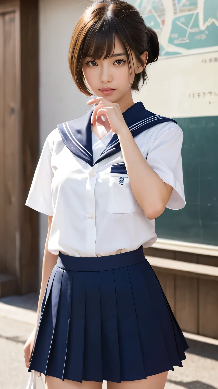 ,(Ultra-realistic), (figure), (High resolution), (8k), (Very detailed), (Best figure), (Beautiful and detailed), (Highest quality), (Super detailed), (masterpiece), (wallpaper), (Detailed face), alone, One Girl, watching viewer, Trendy clothes，Less exposure、Fine details, Detailed face, In the Dark, Deep Shadow, Modest, Pure Erotic Face Ace_v1, cool, short hair, Pointed diagonal bangs，Aoyama Street、 (mysterious), Clear and detailed, ((School_uniform, Japanese sailor uniform, flare skirt)), (classroom), Cute Face, (stone_panties), Pretty hip,