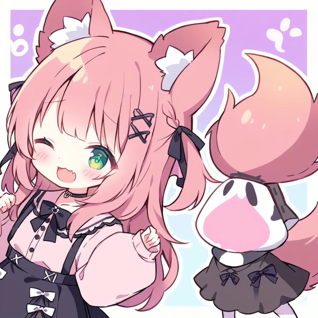 Top quality, masterpiece,a chibi girl
, peal purple and blunt bangs hair, twin braids,green eyes, eyes closed, mouth wide open and screaming, blushing, smilng,fangs,(a girl with closs hair pin,
pink shirt,cosplay, jirai kei, bangs, black skirt, black bow, looking at viewer, bow, long sleeves, choker, ribbon,with Dog droopy ears and tail:1.4),