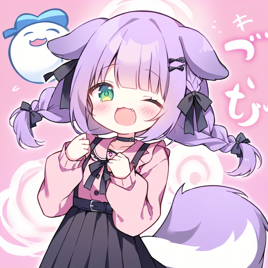 Top quality, masterpiece,a chibi girl
, peal purple and blunt bangs hair, twin braids,green eyes, eyes closed, mouth wide open and screaming, blushing, smilng,fangs,(a girl with closs hair pin,
pink shirt,cosplay, jirai kei, bangs, black skirt, black bow, looking at viewer, bow, long sleeves, choker, ribbon,with Dog droopy ears and tail:1.4),