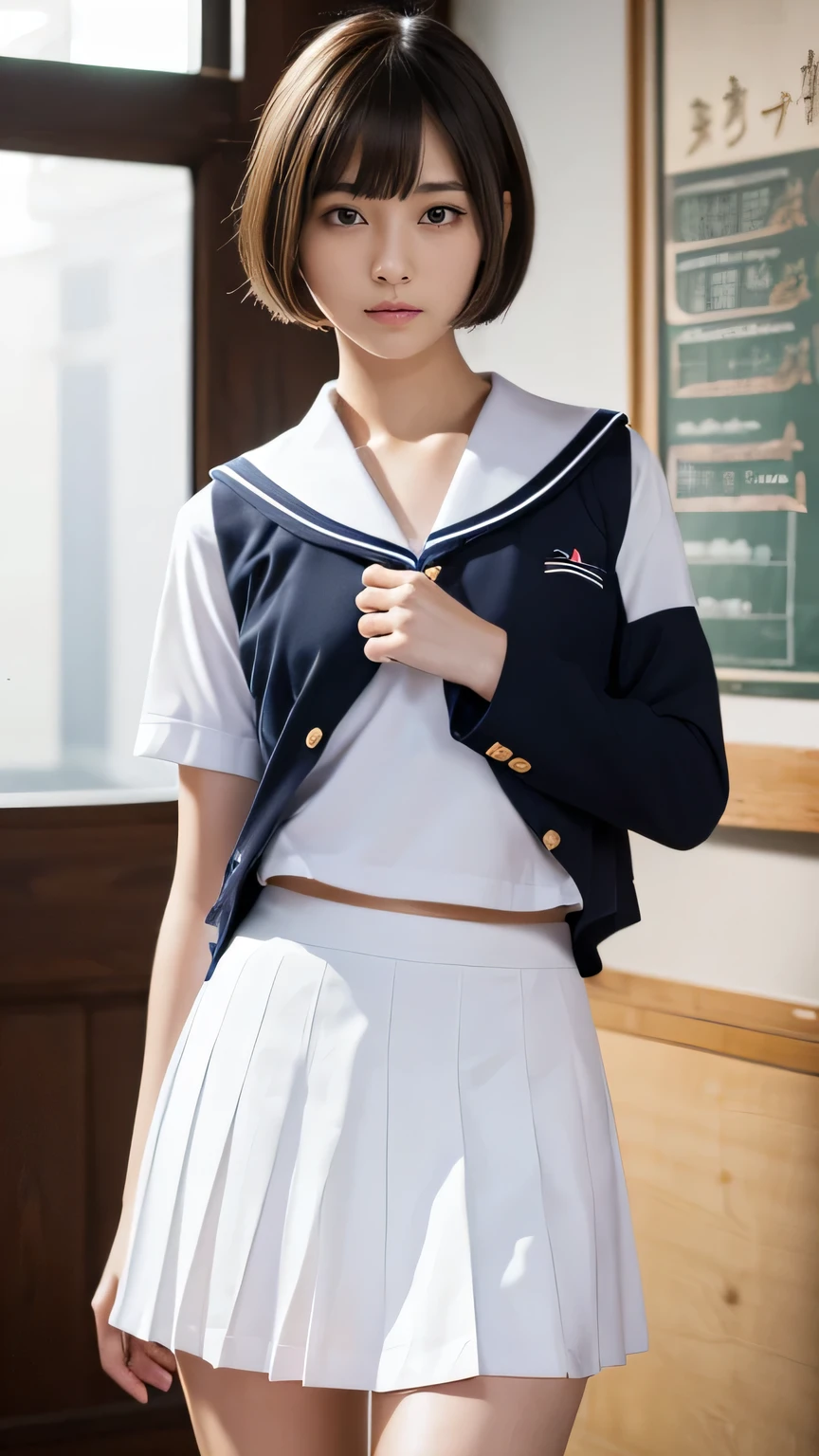 ,(Ultra-realistic), (figure), (High resolution), (8k), (Very detailed), (Best figure), (Beautiful and detailed), (Highest quality), (Super detailed), (masterpiece), (wallpaper), (Detailed face), alone, One Girl, watching viewer, Trendy clothes,Less exposure、Fine details, Detailed face, In the Dark, Deep Shadow, Modest, Pure Erotic Face Ace_v1, cool, short hair, Pointed diagonal bangs,Aoyama Street、 (mysterious), Clear and detailed, ((School_uniform, Japanese sailor uniform, flare skirt)), (classroom), Cute Face, (stone_panties), Pretty hip,