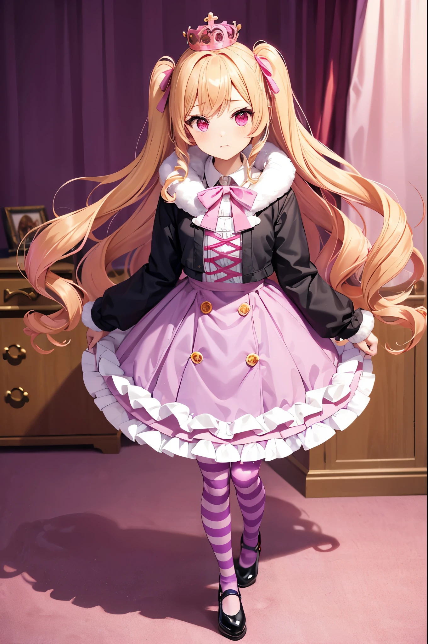 Idol-like animated character
Red eyes, slightly drooping eyes, cute expression, shy
High quality
Dark red,Fur bolero,Jacket
Fluffy fur bolero
Enji-colored dress skirt
Voluminous blonde hair twin dr
Strong curly hair
Curly hair
Large pink ribbon in hair
Purple and pink striped stocking tights 
Purple and pink horizontal striped stocking tights worn
One very small round crown hair ornament Blonde twin drills
In the room, chair

 Pink and purple striped tights
Pink and purple striped tights/stockings Forehead bangs Big pink ribbon in dress skirt Focus on face Red eyes Full body shot Background in room No shadow, high quality Walking Full face

Big pink ribbon on dress skirt
Focus on face
Full face, high quality
Walking
Full Face