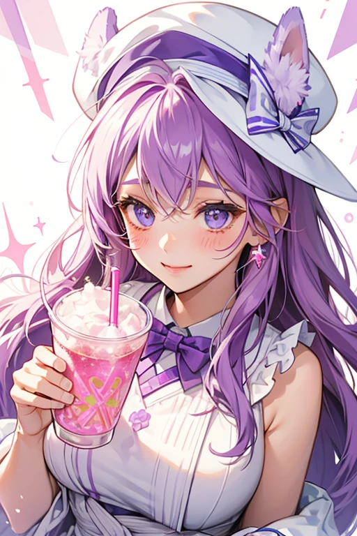 A purple zigzag patterned slushie girl bear Num with a cheerful expression and faint blushed cheeks. Her cap is a lighter purple and her ears are there. Sticking from the top of her cap is a big white straw adorned by a medium-colored bow made from fabric. SPARKLE; GLITTER