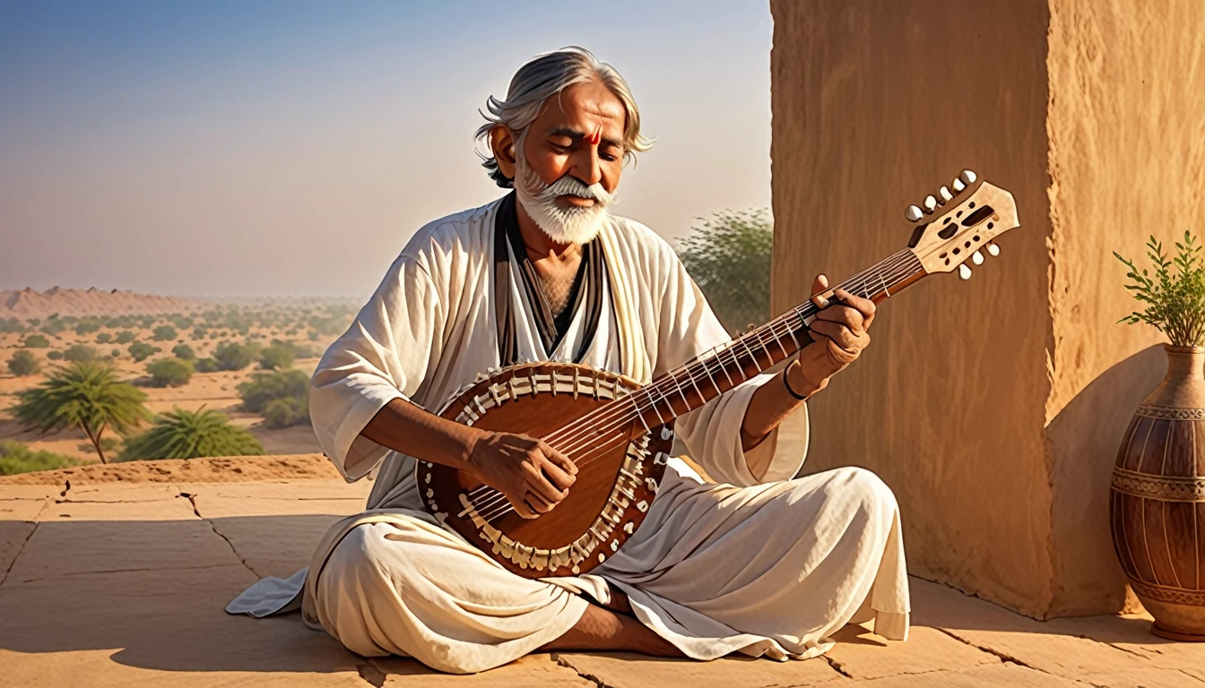 Shield of David,Indian,Old man playing the sitar,Indus,dawn