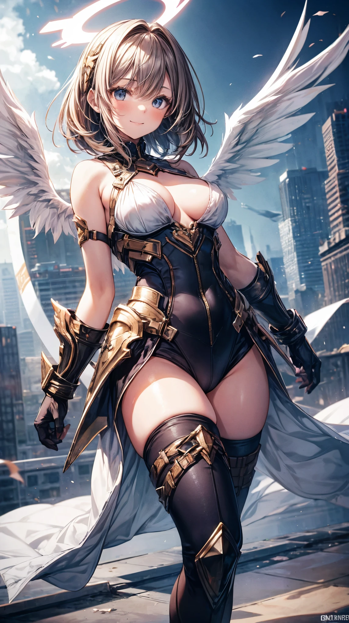 fantasy, 1angel_girl,(young_:1.5), ,brown_hair, medium_bob_hair, long_bangs, halo,bare_shoulder,thighhighs,silver_armor, waist_armor, large_breasts,1pair_wings, dynamic_pose_fighting,floating, bare_crotch, headgear,gauntlet, greaves,city_landscape_background,slightly_spread_legs, solo, groin_naked,smile