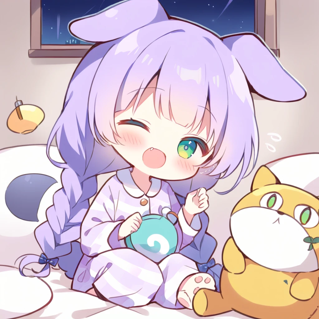 Top quality, masterpiece,a chibi girl
, peal purple and blunt bangs hair, twin braids,green eyes, eyes closed, mouth wide open and screaming, blushing, smilng,fangs,(pajamas,with Dog droopy ears and tail:1.4),night lit,bed room,