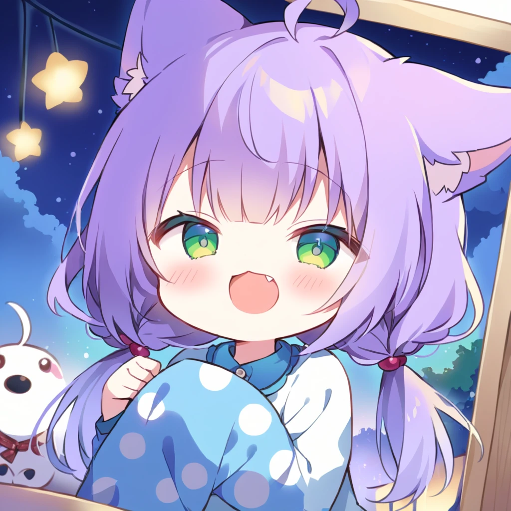 Top quality, masterpiece,a chibi girl
, peal purple and blunt bangs hair, twin braids,green eyes, eyes closed, mouth wide open and screaming, blushing, smilng,fangs,(pajamas,with Dog droopy ears and tail:1.4),night lit,bed room,