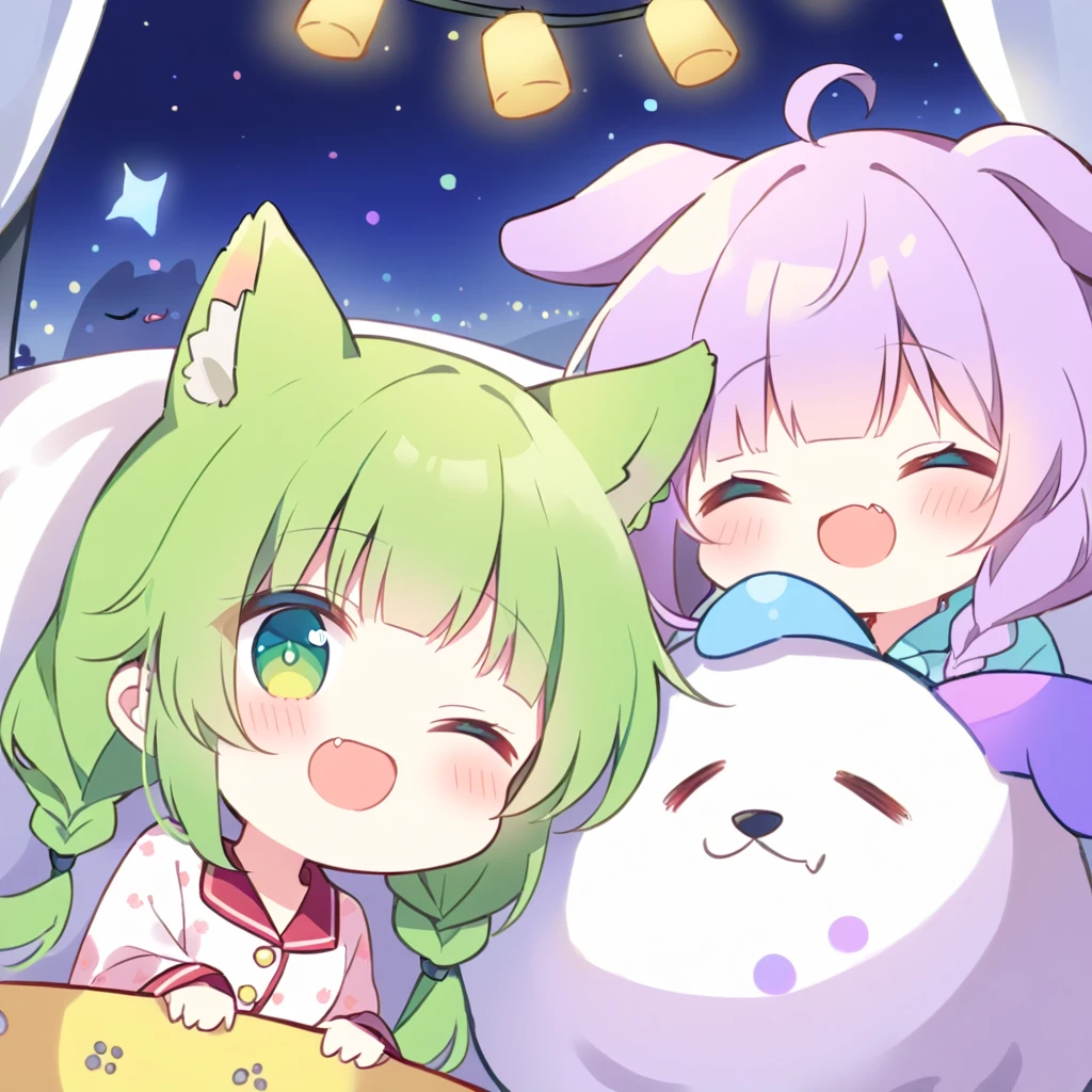 Top quality, masterpiece,a chibi girl
, peal purple and blunt bangs hair, twin braids,green eyes, eyes closed, mouth wide open and screaming, blushing, smilng,fangs,(pajamas,with Dog droopy ears and tail:1.4),night lit,bed room,