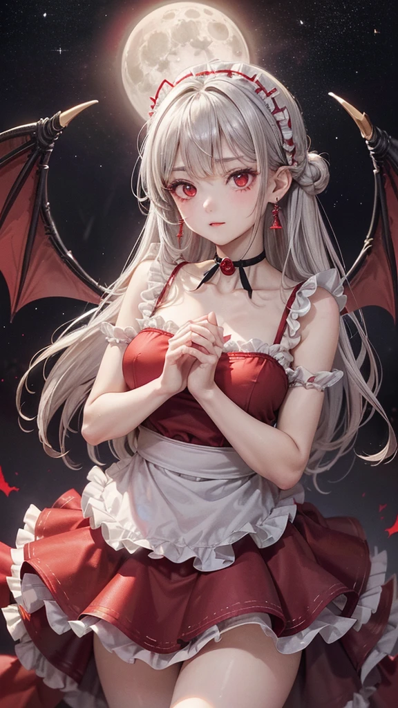 (Highest quality,Very detailed,High resolution:1.2),One Girl,Gray Hair,The most beautiful girl in human history,((1 photo from the front))、暗い red eyes (暗いred eyes:1.1),さみし気なaura(aura:1.1),(mysterious,Ghostly:1.1) atmosphere,Looks like half a demon,(Demonic traits,Demonic traits),(Elaborate,wonderful) Earrings,Small Ass,Long and beautiful legs、Semi-long hair up to the shoulders, ((Upper Body Shot)),Beautiful breasts、Clear Eyes、Are standing、My cheeks are a little red,((Fancy choker、Red Maid Outfit))、((Skirts that hide the knees))、((Huge bat-like wings growing from his shoulders)),((A big full moon shines in the dark night sky))