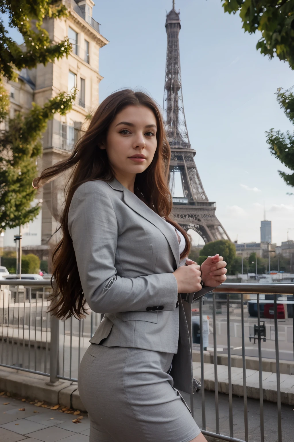 Make a woman aged 25 to 35 years. Redhead with long hair, photo in business clothes and in front of the Effel Tower in Paris