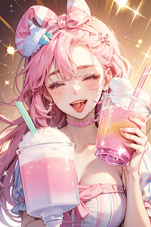 A white cup with a squinting wink eye and her tongue sticking out. She has pink and yellow slushie on her head that make up her ears, and sticking out of one corner is a white and pink striped straw attached to a pink bow SPARKLE; GLITTER