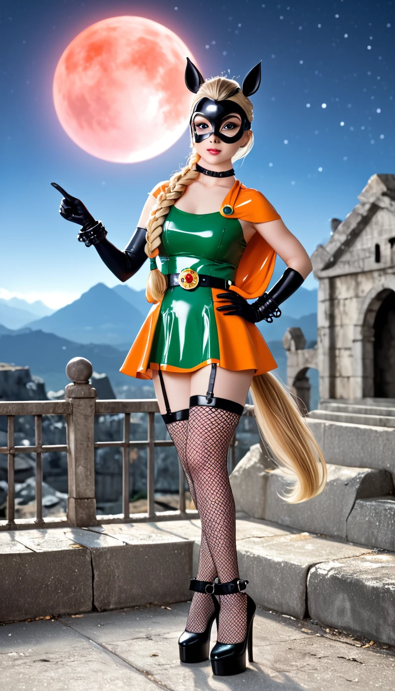 (High quality, masterpieces), One Japanese young woman standing alone, magical fireball floating at the tip of her hand pointing upwards vertically, Blonde braid hair with horse ears, Beautiful face, A black leather eye mask with a realistic illustration of mono eye at the center, Orange short cape, Green mini dress made of shinny latex, Wide belt with horseshoes shaped buckle, Attach a horse tail on her hip, black wedge heels, Black long gloves with the shackles, Black leather choker, Black fishnet Stockings, Garter belt, Ancient ruins on a mountaintop, Midnight with red Moon