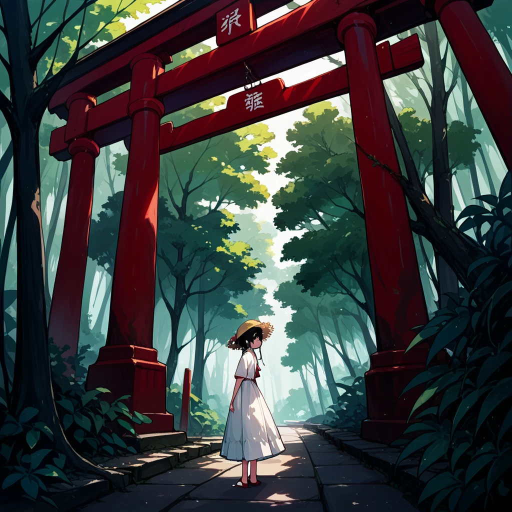 score_9, score_8_up, score_7_up, score_6_up, score_5_up, score_4_up, masterpiece, best quality, source_anime,2D、flat、1girl, black hair,straw hat、12yo、white dress、red sky、red lite japanese forest、Torii, summer