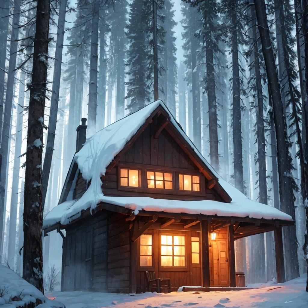 Cabin in the woods, night, raining