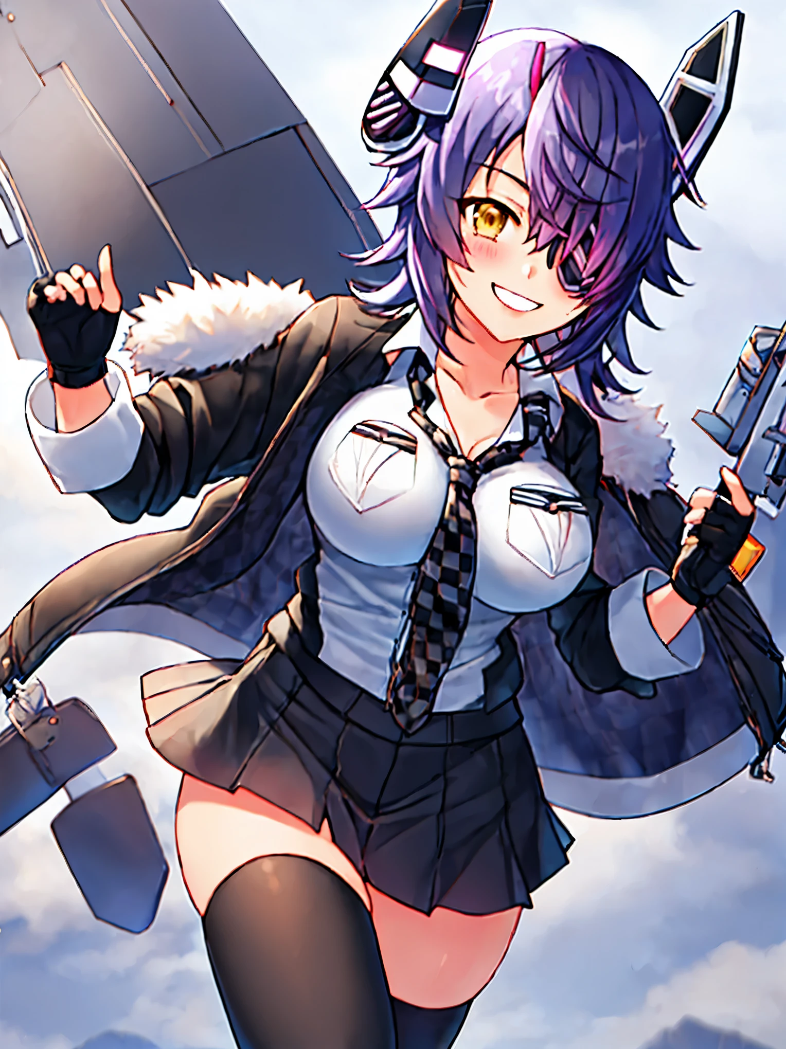 best quality, masterpiece, solo, {tenryuu_kantaicollection:1.15}, _girl, eyepatch, short_hair, purple_hair, yellow_eyes, headgear, breasts, necktie, large_breasts, smile, 1girl, blush, checkered_necktie, hair_over_one_eye, shirt, collared_shirt, white_shirt, jacket, sleeveless, brown_eyes, fur-trimmed_jacket, fur_trim, collarbone, looking_at_viewer, pocket, breast_pocket, ,, messy_hair, black_gloves, gloves, partially_fingerless_gloves,harbor_road_landscape_background,outdoor,short_skirt,thigh-highs,boots,sunlight,from_below
