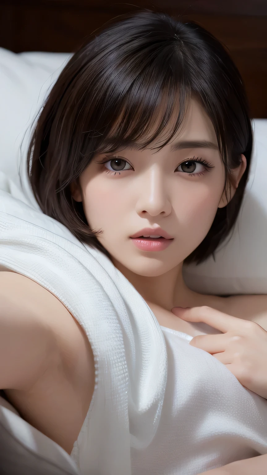 (Ultra-realistic), (figure), (High resolution), (8k), (Very detailed), (Best figure), (Beautiful and detailed), (Highest quality), (Super detailed), (masterpiece), (wallpaper), (Detailed face), alone, One Girl, watching viewer, Sleeping in bed、pillow、Put on a blanket、Too much exposure、Fine details, Detailed face, In the Dark, Deep Shadow, Modest, Pure Erotic Face Ace_v1, cool, short hair, Pointed diagonal bangs,
