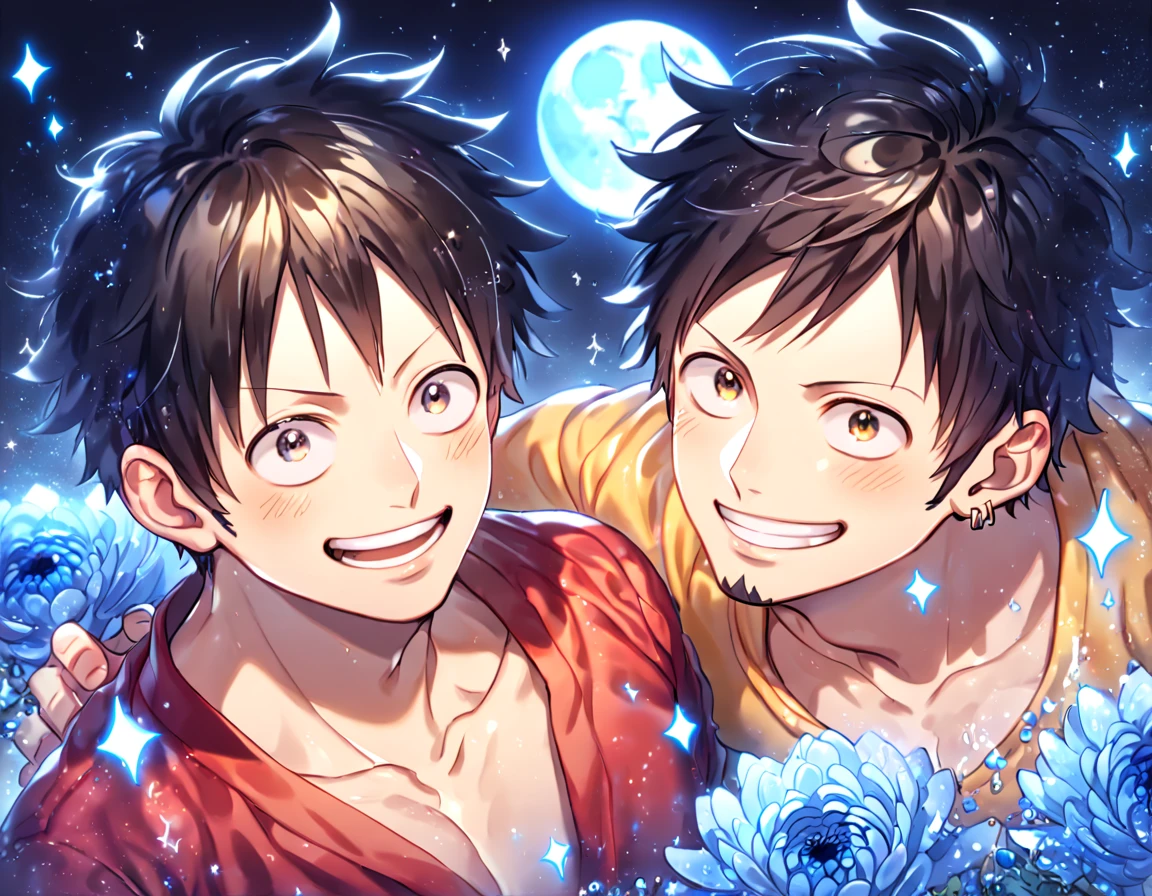 absurdres, highres, ultra detailed, HDR, master piece, best quality, extremely detailed, Trafalgar Law, black hair, expressive gray eyes, One Piece, Monkey D Luffy, black hair, expressive brown eyes, two sexy men together, yaoi, gay couple, handsome, handsome smile, red shirt, yellow sweeter, water, sparkling, blue glittering fireflies, blue moon, blue blossoms, blue chrysanthemums, blue sparkling lights, starry sky