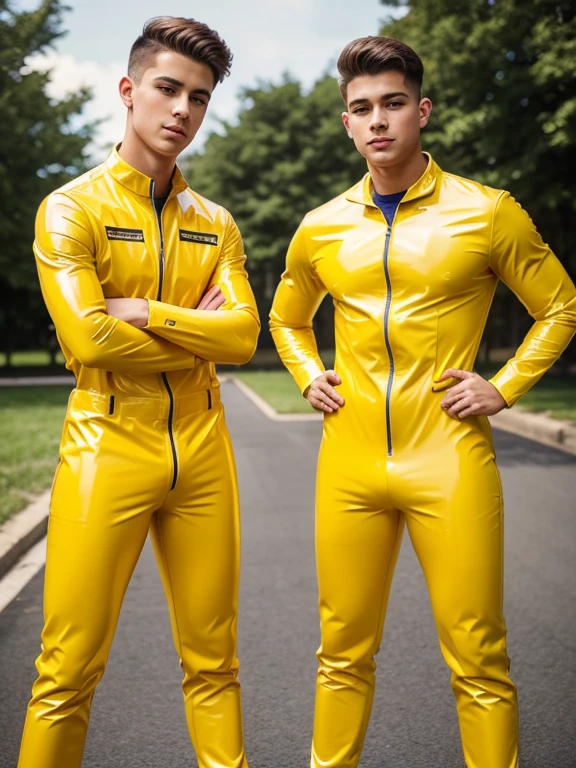 Two handsome boys - high school students in a yellow latex tight jumpsuit. 