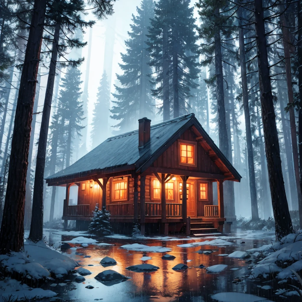 Cabin in the woods, night, raining
