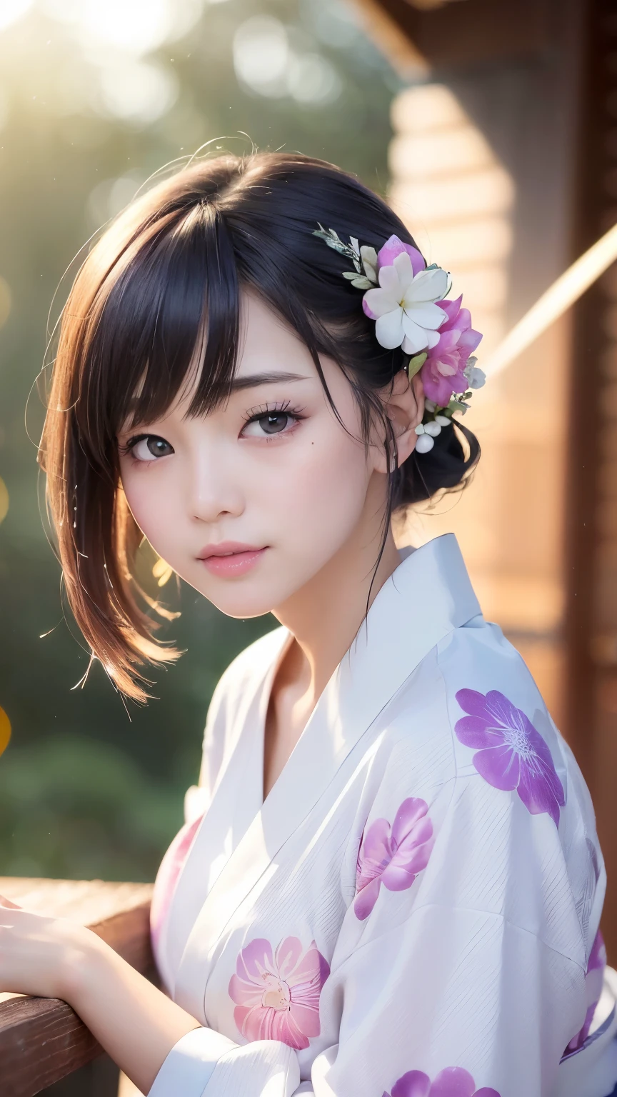 (logo、masterpiece、8k、Tabletop、RAW Photos、wonderful、最high quality、フォトリアリスティックでVery detailedな CG 複合 8k 壁紙、high quality、Very detailed、Narrative poem、Particle Effects、Dynamic Effects、Depth of the Boundary、Cinematic Light、Lens flare、Ray Tracing)、 (One beautiful woman wearing a yukata、White yukata、Light purple pattern)、Black-haired、High definition skin、Very fine、Fine skin texture、Beautiful Face、True Face、Beautiful details in the eyes、Realistic eyes、Beautifully detailed eyes、Realistic Skin、Beautiful Skin、Surreal、Smiling Eyes、Hair and light eyes、vivid、Colorful lights and bokeh、plump lower lip、Pink Lips、Hair flutters in Wind、Hair bounces、wonderful景色、night、evening、Wind、moonlight、moonlight、light