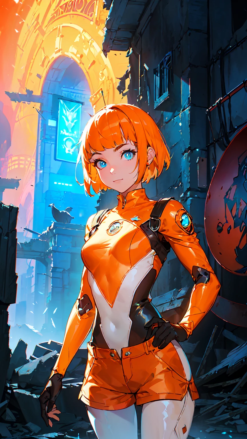 (Best Quality,High resolution,Super detailed,Actual),leeloo with tattoos and Orange shorts posing in front of a spaceship, (leeloo outfit:1.4) , (leeloo:v2.1) , madison beer as leeloo, (Ilya Kuvshinov:1.4) . 4k yen, Cute Cyborg Girl,( Alena Aenami and Android Jones) , (Bodysuit White Transparent :1.4), Alena Aenami and Artgerm, Ultra-realistic concept art, Amouranth, Beautiful digital art,( Orange shorts :1.4), Epic fantasy art style hd, 4K Fantasy Art, Epic fantasy digital art style, Epic fantasy art style, Fantasy Woman, Epic fantasy art portrait, Epic fantasy style, Surreal fantasy art, HD fantasy art, epic fantasy character art, Epic fantasy art, Dark fantasy art style, Epic fantasy digital art, ,(Abandoned dungeon ruins background:1.4 ), (Detailed and perfect anatomy :v2.1),( Cinema Lighting :1.4),( Facial details :1.4),( Cowboy Pose :1.4), (Beautiful Blue Eyes :1.4),( Background Tokyo Destruction :1.4) 