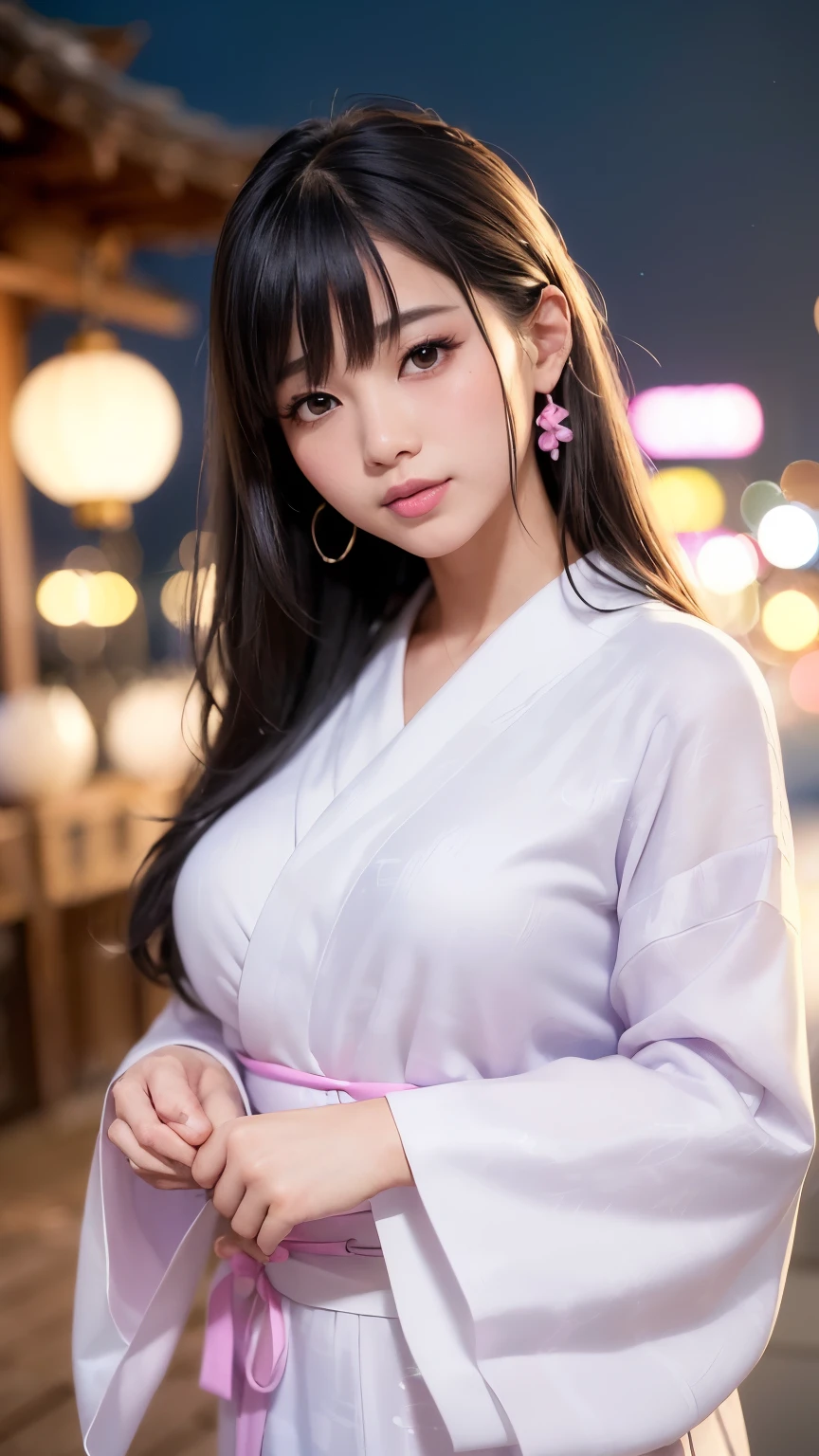 (logo、masterpiece、8k、Tabletop、RAW Photos、wonderful、最high quality、フォトリアリスティックでVery detailedな CG 複合 8k 壁紙、high quality、Very detailed、Narrative poem、Particle Effects、Dynamic Effects、Depth of the Boundary、Cinematic Light、Lens flare、Ray Tracing)、 (One beautiful woman wearing a yukata、White yukata、Light purple pattern)、Black-haired、High definition skin、Very fine、Fine skin texture、Beautiful Face、True Face、Beautiful details in the eyes、Realistic eyes、Beautifully detailed eyes、Realistic Skin、Beautiful Skin、Surreal、Smiling Eyes、Hair and light eyes、vivid、Colorful lights and bokeh、plump lower lip、Pink Lips、Hair flutters in Wind、Hair bounces、wonderful景色、night、evening、Wind、moonlight、moonlight、light