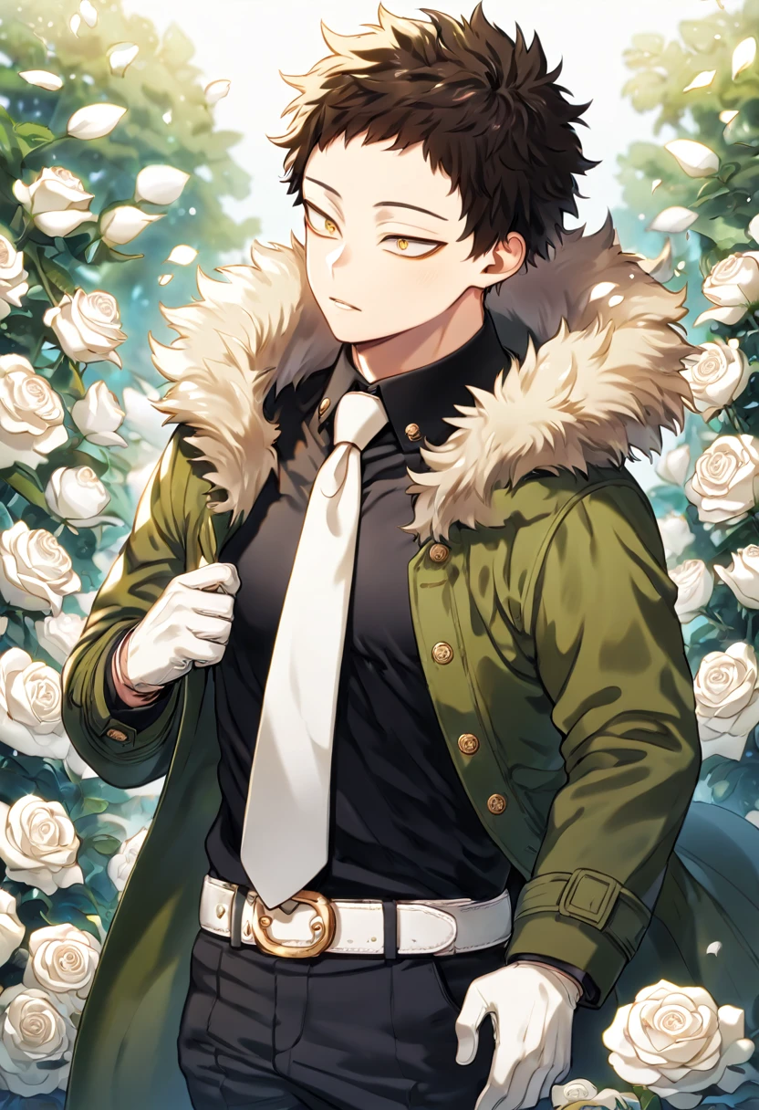 Ultra detailed, Highres, absurdres, HDR, master piece, best quality, Overhaul, dark brown hair, short hair, short bangs, long eyelashes, expressive golden eyes, green coat with a fur collar, black shirt, white necktie, Boku No Hero Academia, sexy man, white petals, white roses, garden, handsome, sensual, white belt, black pants, white gloves,
