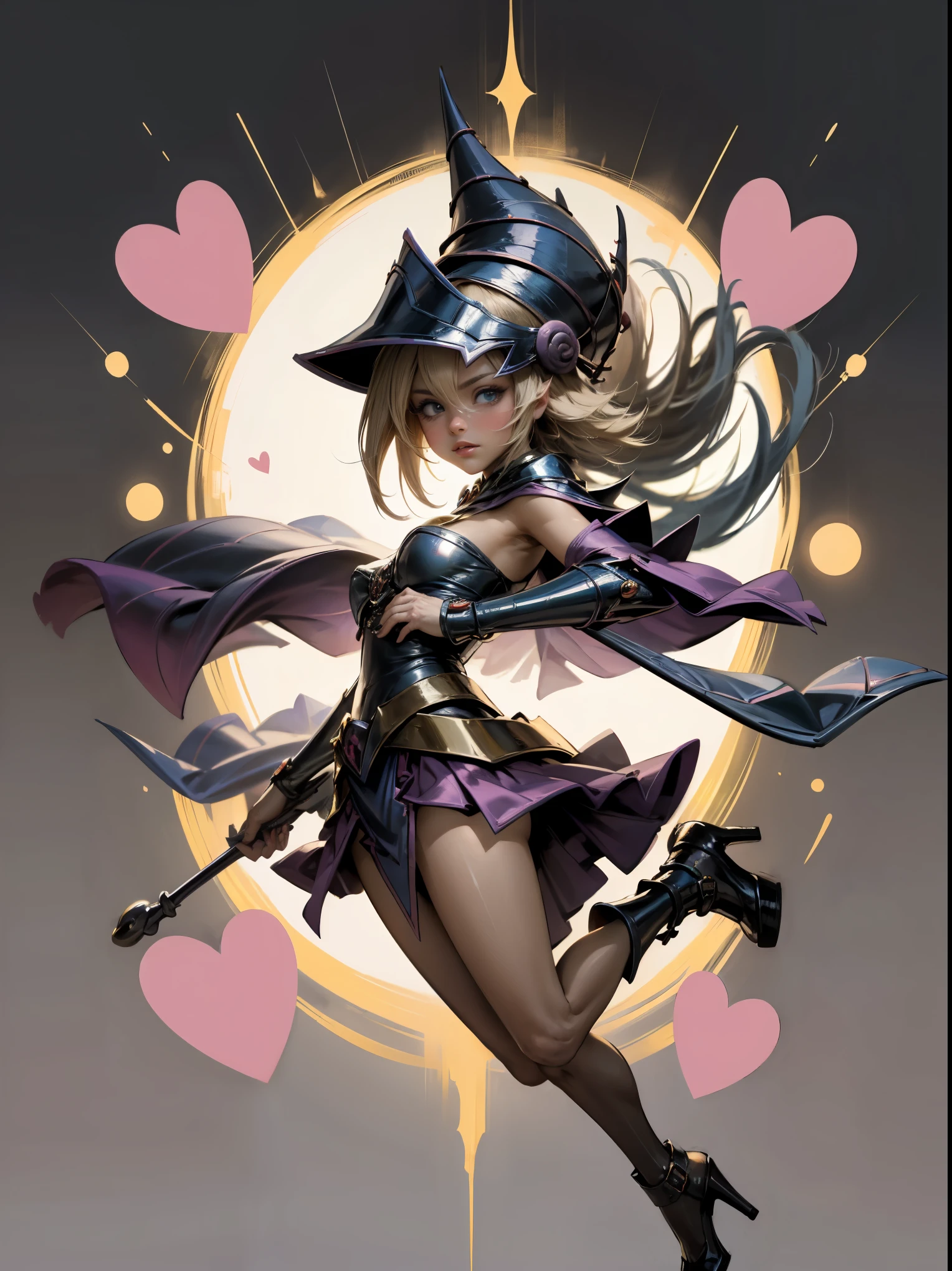 (masterpiece:1.2), (The best quality:1.2), perfect lighting, Dark Magician Girl casting a spell, in battle. floating in the air, visible medium tits, transparent neckline, blue robe, big hat, from above, Sparkles, Yugioh game, The magic of the heart. LIGHTS OF THE HEART, romantic heart. She wears heels. has heels. Wear heels 