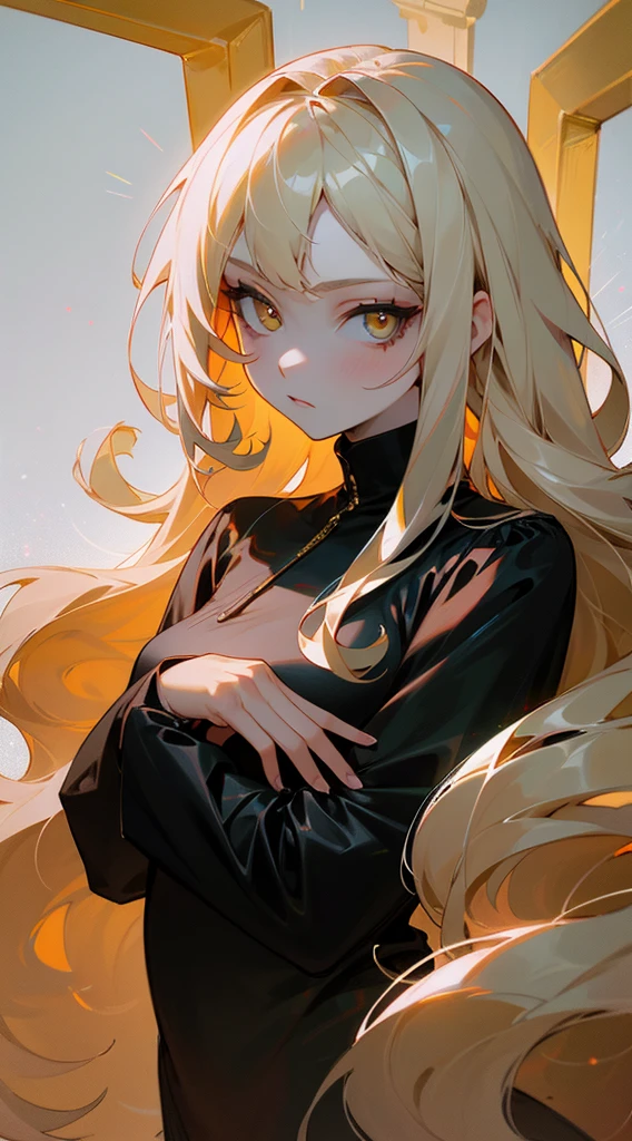 1 girl, solo, superlative, masterpiece, white long curly hair, golden eyes, black clothes, looking at viewer, upper body, hair, pale skin, looking at the audience