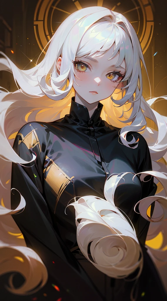 1 girl, solo, superlative, masterpiece, white long curly hair, golden eyes, black clothes, looking at viewer, upper body, hair, pale skin, looking at the audience