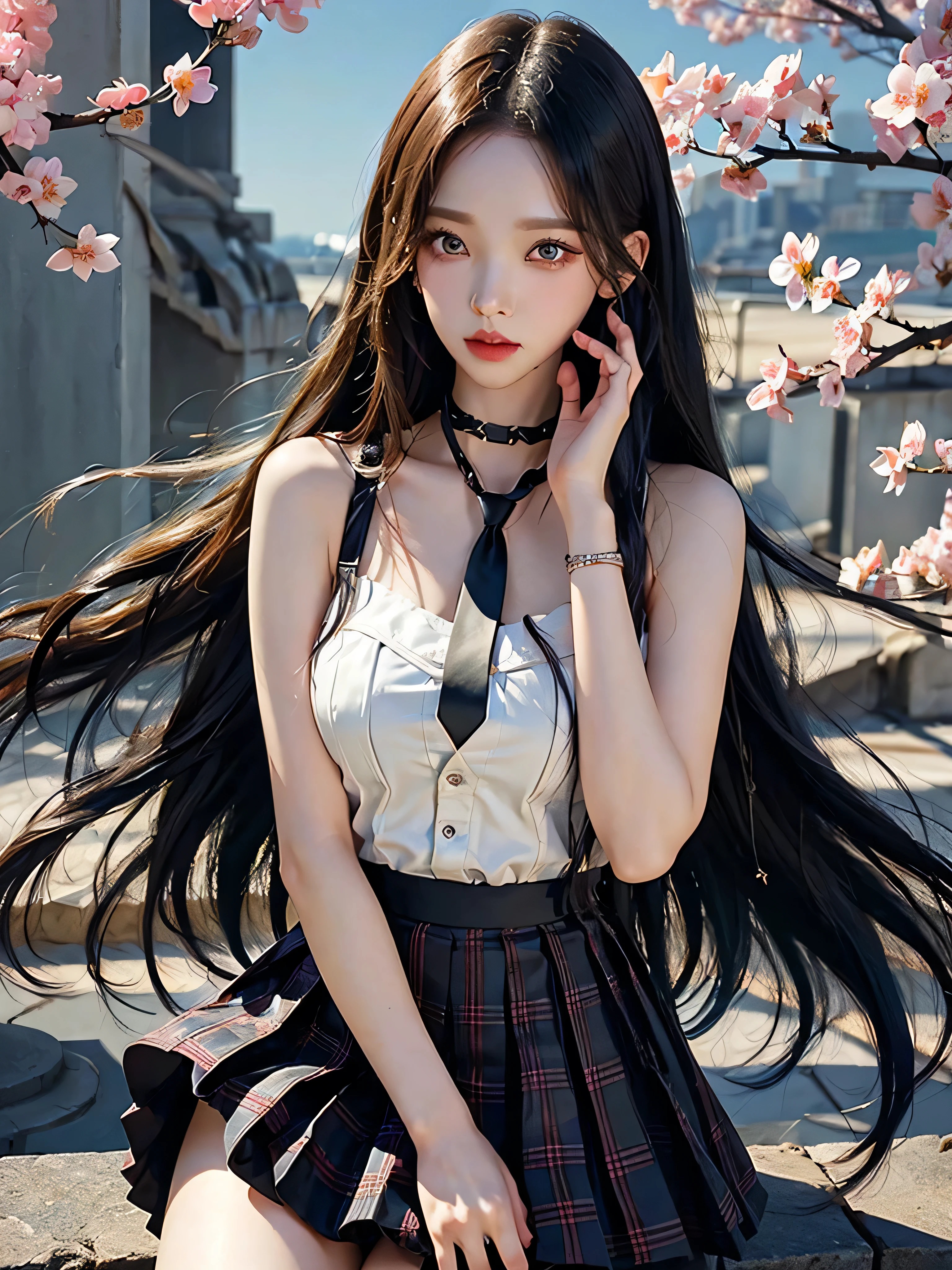 masterpiece, best quality, whole body, 1 woman, forehead, black choker, black necktie, blond hair, blue skirt, blush, bracelet, chest, choker, clothes approximately waist, clavicle, collared shirt, cowboy shot, dress shirt, ear piercing, eyebrows visible through hair, gradient hair, 이를 드러내고 laugh, fix, bijouterie, Kogal, long hair, looking at viewer, loose necktie, necktie, piercing, plaid, plaid skirt, pleated skirt, red eyes, ring, , shirt, skirt, laugh, alone, white shirt, distance, sky, Cherry Blossom, petal,illustration, (Magazines:1.3), (sheathe-style:1.3), fashionable, female, vibrant, outfit, posing, front, fancy, dynamic, background, coercion, confidence, expression, possession, name, accessories, majestic, coil, approximately, touch, scene, texts, sheathe, brave, attracting attention, title, Refined, font, catchy, headline, bigger, striking, modern, Trend, Concentrate upon, fashion,
