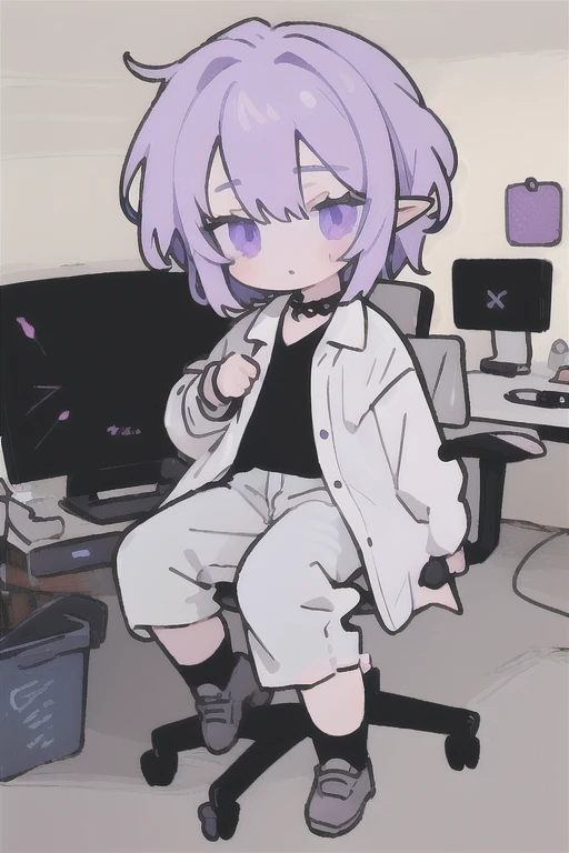 1 girl, elf, purple hair, violet eyes, bob haircut, Long shirt, emo, gamer room