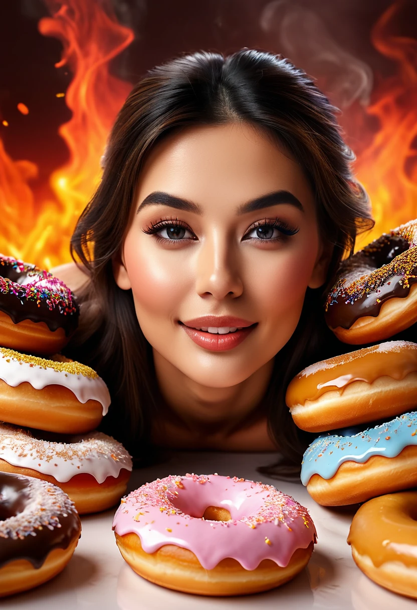 photorealistic of a beauty goddess lie down on stacks of donuts, kind of donuts, happy face, close up,, dynamic motion, cinematic movement, blurry edges, serious expression, super detailed, perfect face(face detailed:1.5), perfect motion, side view, best quality, smoke trail along the motion with a fire element transition movement of color background