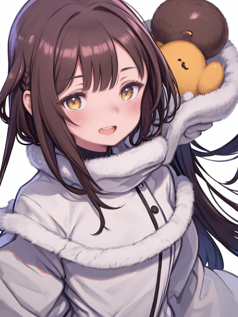 Amana Osaki, One girl, Have, gloines, Long Hair, 一人in, White Background, fur Have, smile, Brown Hair, looking at iniewer, Yellow Eyes, Simple Background, Fur trim, Open your mouth, coat, blush, Winter clothes, Braiding, white coat, in, long sleeines, bangs, swept bangs, teeth