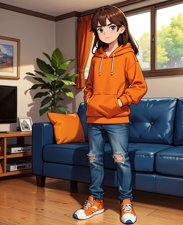 Masterpiece, high resolution, high quality, intricate details, full body portrait, front view, 1boy, solo, 14 years old boy, teenage male, long brown hair, neck-length hair, bangs, blue eyes, looking at viewer, smug and arrogant look on face, ((Wearing: Orange Hoodie, blue jeans, and sneakers)), standing, holding a Nintendo Switch, looking at viewer, (Background: Indoors, living room, couch, TV),