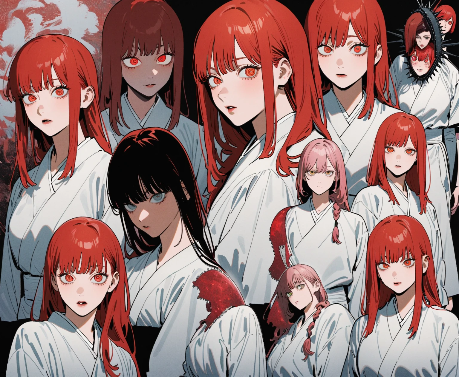 A woman with long red hair and a white kimono is looking at the camera, Chainsaw Man マンガ, ( ( ( yoh yoshinari ) ) ), Makima, Chainsaw Man, Swirly eyes, Reincarnation, Makima, Red tint, Avant-garde, Edogawa Ranpo's Worldview, picaresque, Taisho Romance, In the Imperial City of Tokyo, A fantastic atmosphere, Makima, mysterious beautiful woman, Chainsaw ManのMakima, Very sharp beauty, A woman from a distinguished family in the 1920s, pretty much beautiful face, Sharp eyes with slit length, Very delicate and beautiful eyes, Captivating woman, Very stylish woman, Elegant and noble beauty, A woman who looks about 27 years old, Five fingered hand, Gorgeous and luxurious, a fine art painting by Yang J, Pixiv, Fantasy art, artwork in the style of Gwaiz, Gwaiz, Japanese art style, Chen Yifei, Female painting, Vivid and colorful paintings, Glamorous and luxurious, eiko ishioka, yuuki hagure, takeyuki kanda, inspired by Miwa Komatsu, Kazami Yuuka, Yoshitomo Nara, Yaoi Kasuma, Akiko Takase, Kazue Kato, Paintings from Nakahara Nantenbo, tumbler, What is it?, kimi takemura, For whom??, Yoshitomo Nara, chiho ashima, Aoi Ogata, kiyoko suzuki, Ishida Sui with black hair, Chen Yifeiに影響を与えた作品, Works that influenced Francesco Hayes, Inspired by Hendrik Terbruggen, Jean=Works that influenced Auguste Dominique Ingres, Works that influenced Liu Jun, Jean=Works that influenced Auguste Dominique Ingres, artwork in the style of Switzerland, by ヤン・J, Switzerland, Beautiful Art UHD 4K, Detailed painting 4k, Beautiful digital art, Beautiful artwork illustration, Switzerland masterpiece, By Chen Yanjun, Lee Song, Highest quality, The perfect angle, Perfect composition, Best Shot, Official Art, Cinematic Light, Figurative art, Beautiful and expressive paintings, Beautiful artwork illustration, wonderful, Cool Beauty, clear, mysterious, Highest quality, Official Art, Extremely delicate and detailed painting style, Beautiful and subtle effects, Elegant and beautiful painting art, The pinnacle of painting beauty, Perfect light, Perfect composition, The perfect angle, Perfect subject, Best Shot, Female Solo, Sharp contours, Face close-up