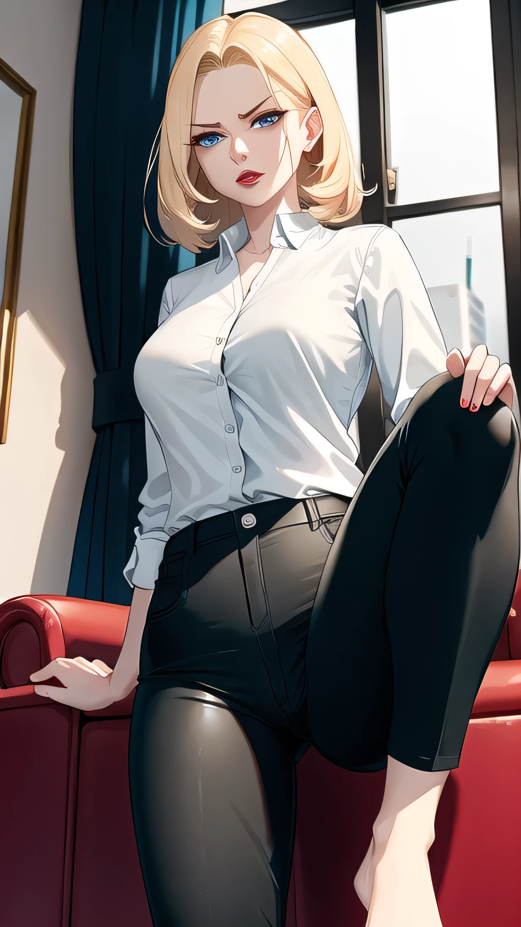 Scenario: livingroom, mature woman, shirt long, black pants, short blonde hair, completely blue eyes, detailedeyes, red lips, angry expression, standing, visible legs, legs details, feet detailed, visible feet, view from the front, background window 