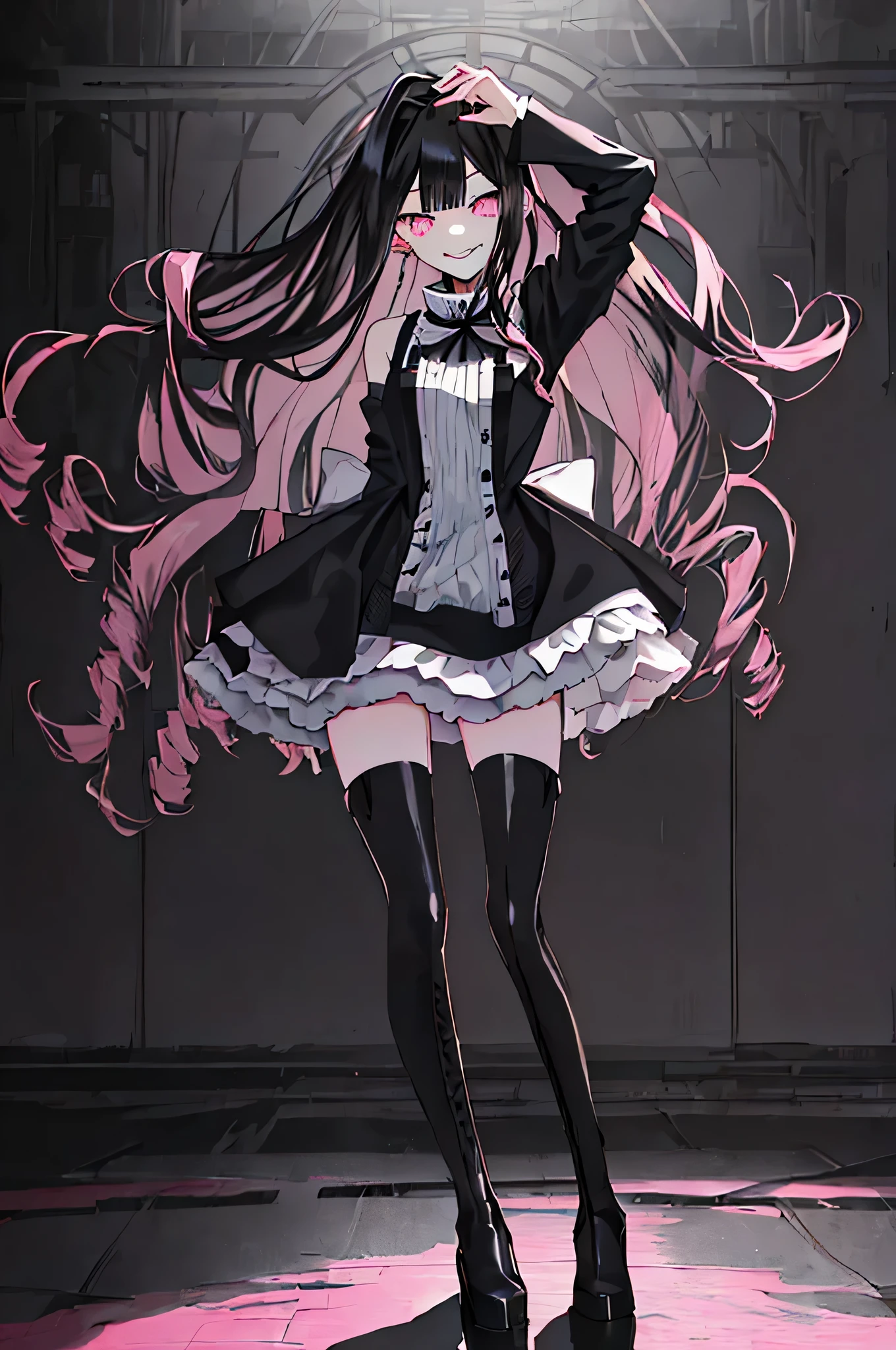 (solo), (girl),(((adult))), (pink eyes),(black long hair),(blunt bangs),(+perfect hand+:1.21),(Draw an illustration of cute girl),(slender),white skin,(white and black maid clothes),laugh,smile,((((adult)))),standing , black and white clothes,((black long hair)),((black long hair)),((black long hair)),((black long hair)),((dynamic angle)),(dynamic pose), hall,evil smile,((factory background)),((full body)),((full body)),((full body)),(gothic boots),thin legs,slender,(elegant dress),((mini skirt)),