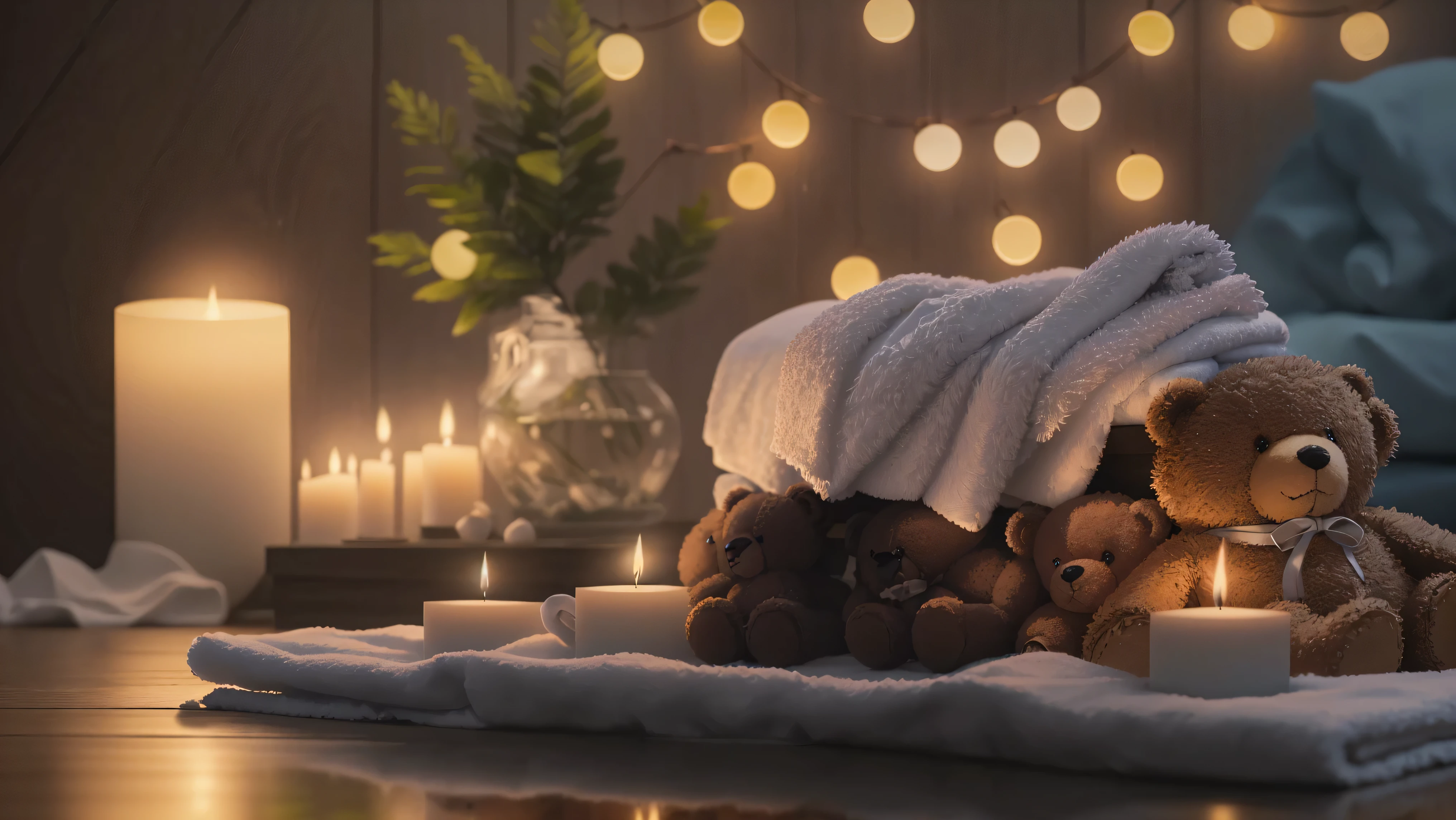 towel and candles are on a table with a teddy bear, Holiday season, towel, relax mood, Peaceful atmosphere, Cozy and serene atmosphere, Morning Glow, relax atmosphere, Pleasant atmosphere, relax, Soft glow, spa, Luxurious surroundings, Soft and warm light, Photorealistic cinematic rendering, relax environment, Beautiful atmosphere, Sublime and cozy atmosphere, Beautiful atmosphere、8K、Change to a soothing background、The background is the forest