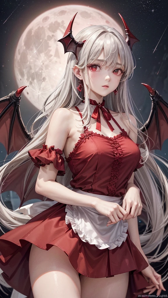 (Highest quality,Very detailed,High resolution:1.2),One Girl,Gray Hair,The most beautiful girl in human history,((1 photo from the front))、暗い red eyes (暗いred eyes:1.1),さみし気なaura(aura:1.1),(mysterious,Ghostly:1.1) atmosphere,Looks like half a demon,(Demonic traits,Demonic traits),(Elaborate,wonderful) Earrings,Small Ass,Long and beautiful legs、Semi-long hair up to the shoulders, ((Upper Body Shot)),Beautiful breasts、Clear Eyes、Are standing、My cheeks are a little red,((Fancy choker、Red Maid Outfit))、((Skirts that hide the knees))、((Huge bat-like wings growing from his shoulders)),((A big full moon shines in the dark night sky))