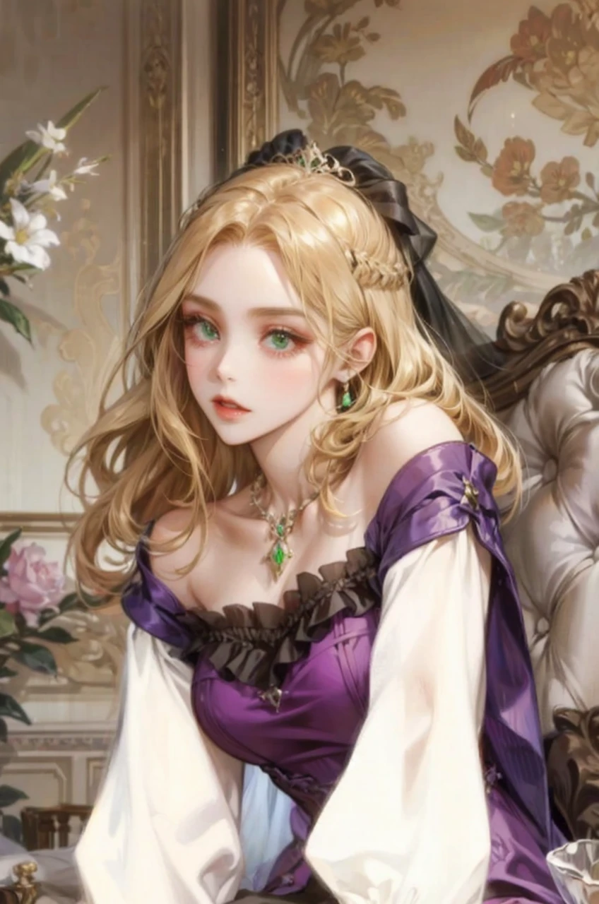 Noble woman, Caucasian skin, greeneyes, honey colored hair, comprido, background a palace room 