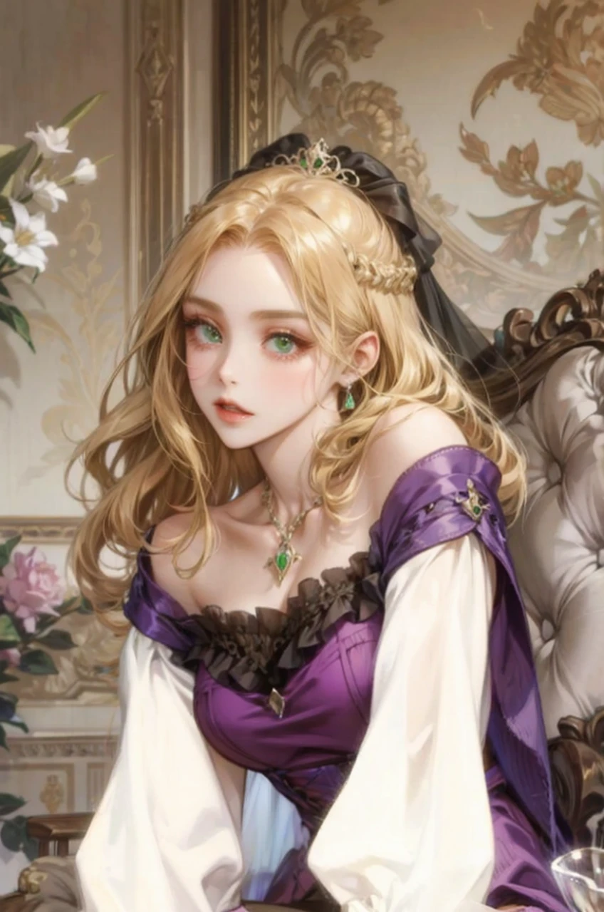 Noble woman, Caucasian skin, greeneyes, honey colored hair, comprido, background a palace room 