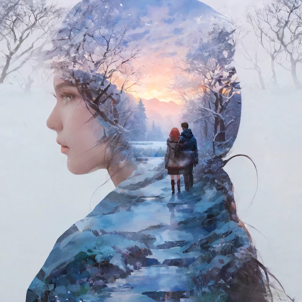 Double exposure portrait artwork inspired by manhwa. It depicts a couple in love embodying winter and spring, exploring a fantastical landscape divided between their seasonal realms. The portrait showcases their journey across contrasting terrains, superimposed over their intertwined silhouettes. The fantasy-themed piece is densely populated with rich, seasonal visuals and holds an aspect of temporal duality. The winter figure traverses snow-capped mountains and crystalline forests, while the spring counterpart wanders through blooming meadows and verdant glades. The texture of the painting and the ethereal quality of the brushwork enhance the enigmatic ambiance of their seasonal coexistence. The piece has a grainy texture and features vibrant, complementary colors