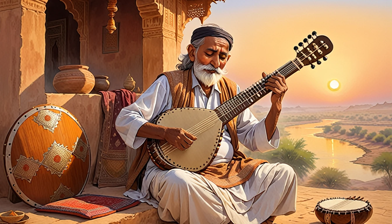 Shield of David,Indian,Old man playing the sitar,Indus,dawn