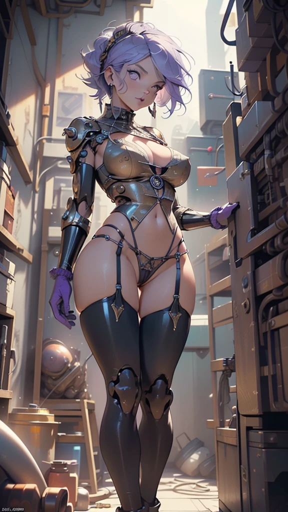girl robot,(female robot,metallic shining body,heroic,lustrous lips,shiny skin),thin waist legs,thighs,(shine),((mechanical arms,mechanical legs,mechanical breasts,mechanical legs)), metal girl,(((purple_eyes:1.3))),intricate eyes,beautiful detailed eyes,symmetrical eyes,(spider lower abdomen,narrow waist,wide hip,imbo body,inflated legs, thick thighs,detailed body,(detailed face)),((Wild Spike Saiyan:1.5,(Glossy hair),beautiful hair,(lavender color hair))),(large breasts:1.4),
cute,slutty,seductive,erotic,(((nsfw))),
shiny clothes,((thigh high cut:1.5, bare thighs:1)),((huge mechanical ring in the neck)),((mechanic thong:1.5),((huge earrings:1.2)),((machine-made joints: 1.4)), ((mechanical limbs:1.2)),((mechanical parts:1.4)),(mechanization:1.2, steampunk),(wires and cables attached to the head and body: 1.5),(show skin:1.3)
((wet clothes,intricate outfit,intricate clothes)),
(dynamic pose:1.0),solo focus,embarrassed,(centered,scale to fit dimensions,Rule of thirds),
inside,indoor,((cozy steampunk room)),scenery:1.25,((intricate scenery)),((steampunk decorations)),
(Glossy steampunk ornaments),highres,sharp focus,(ultra detailed,extremely detailed),(photorealistic artwork:1.37),(extremely detailed CG unity 8k wallpaper),(((vibrant colors,vibrant theme))),(intricate),(masterpiece),(best quality),artistic photography,(photography taken by sldr),(intricate background),perfect rendered face,perfect face details,realistic face,photo realistic,((intricate detail)),(((realism))),